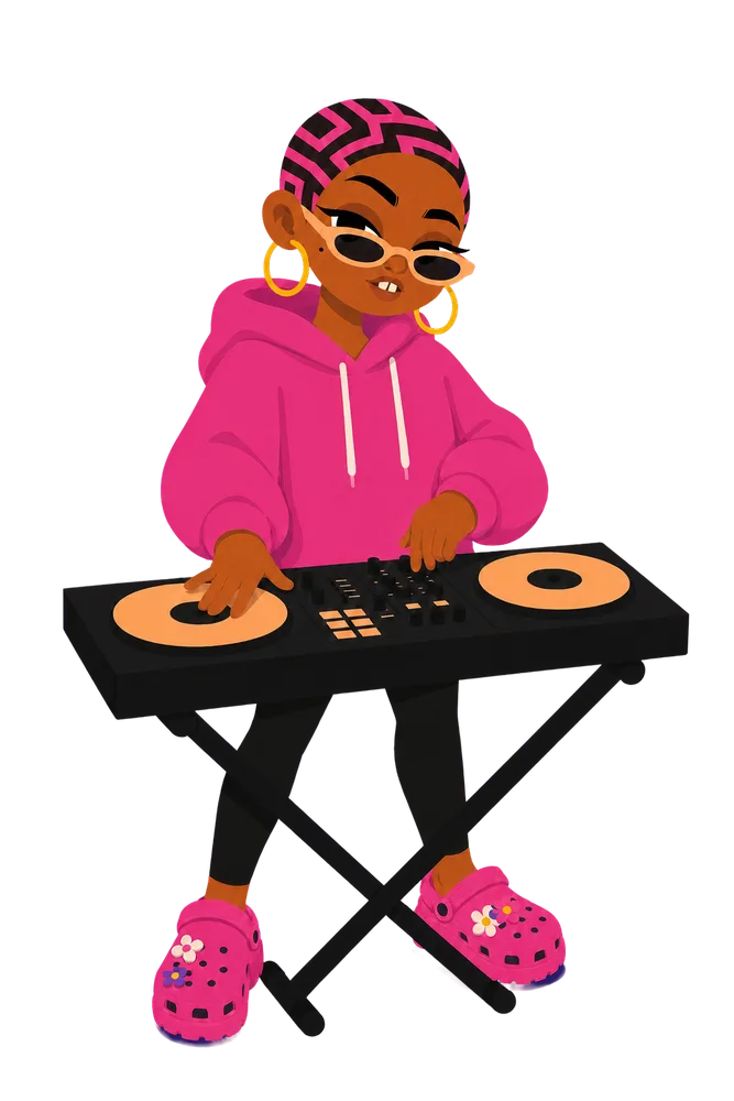 A musician in a pink hoodie at her keys