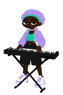 A musician at the keys, in a lilac bonnet
