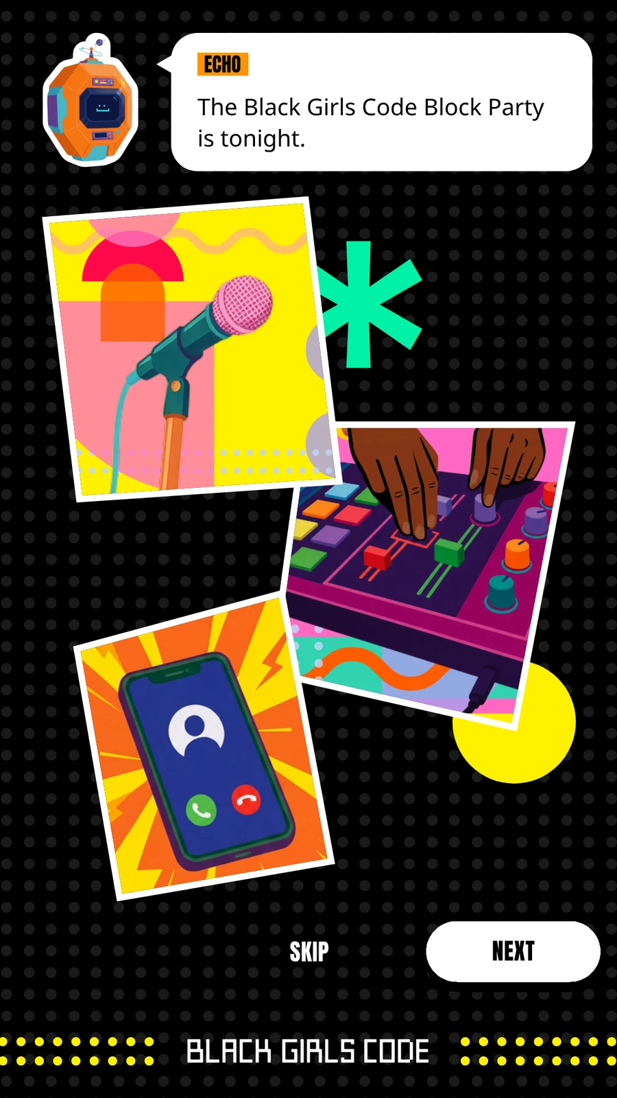 Echo, a gadget with a screen face, says: The Black Girls Code Block Party is tonight. Panels show a microphone, a pad controller and a phone call